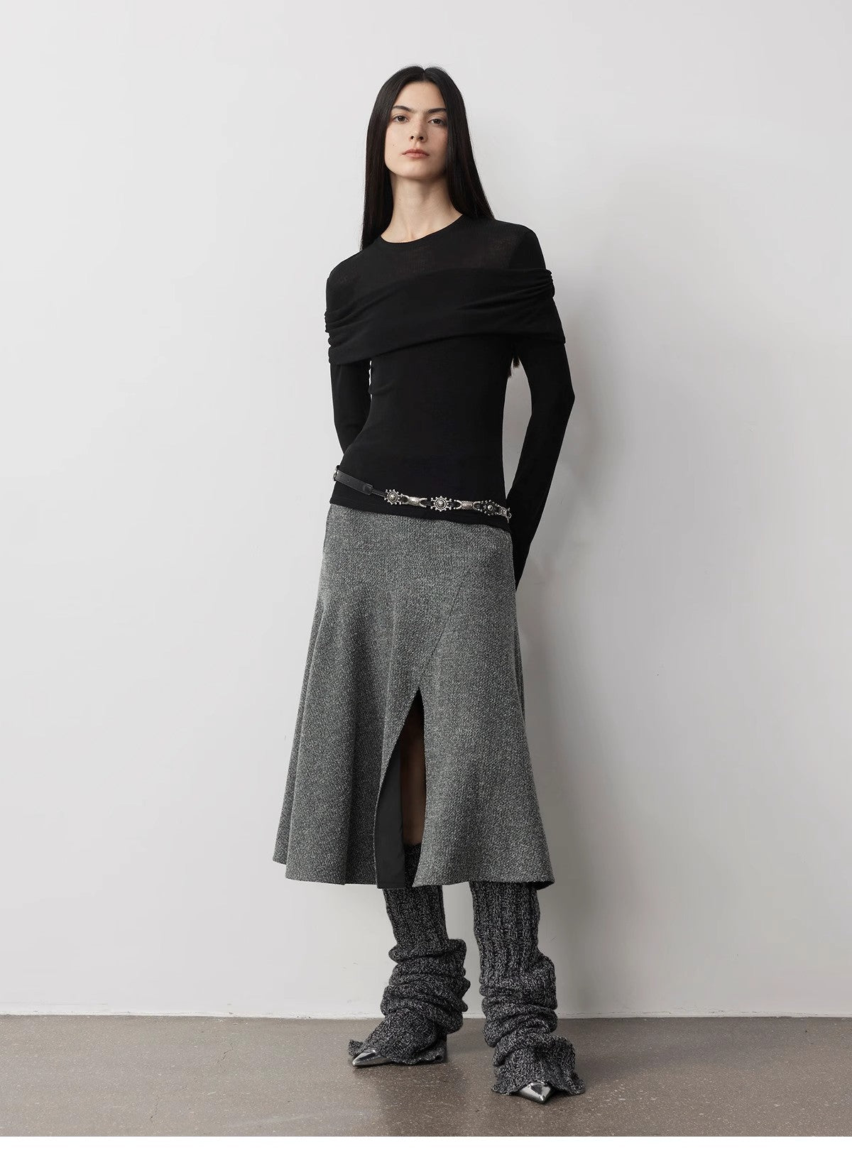 "Modern Tricks" personalized layered Tencel wool fake two-piece splicing one-shoulder versatile knitted top