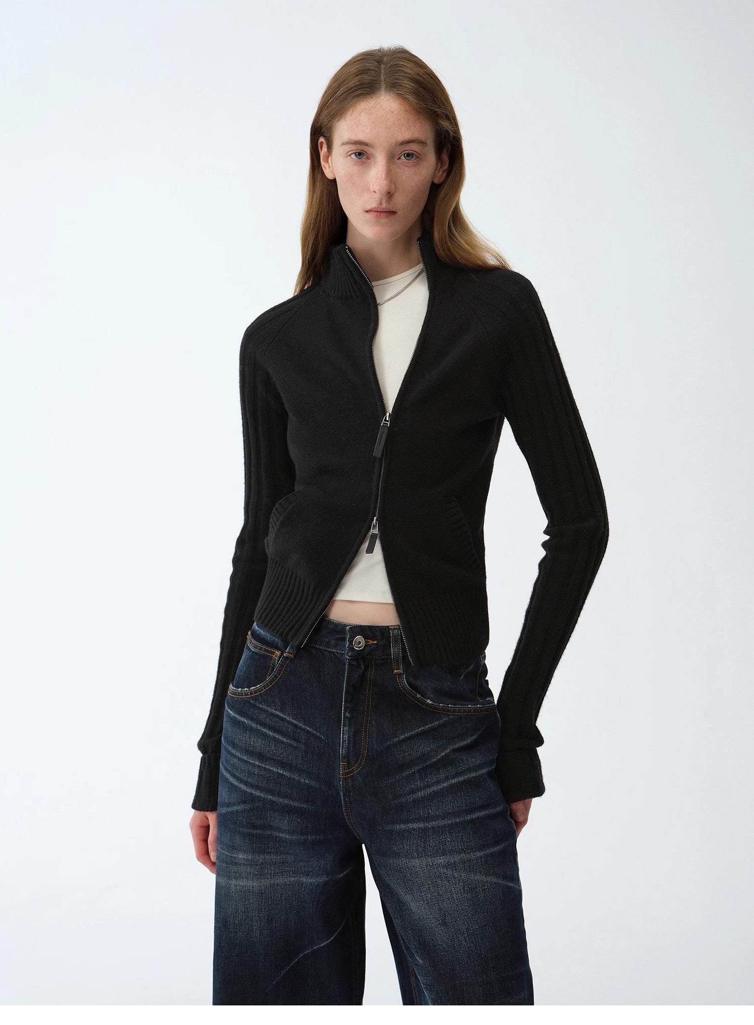 "Senna Melody" oblique placket fine merino wool and cotton blend zipper knitted cardigan top for women