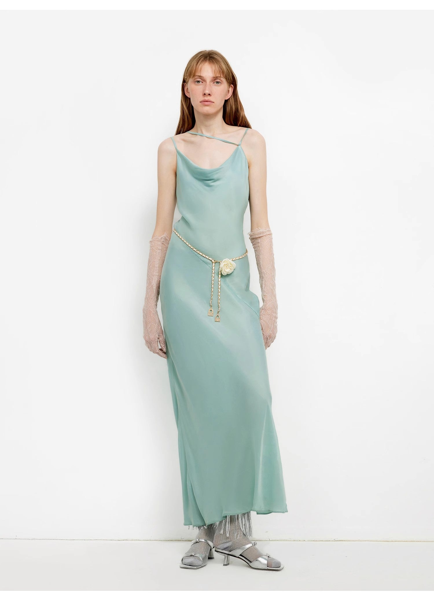 "Island Riddle" Glossy copper-ammonia silk satin light luxury swing collar slim fishtail suspender dress