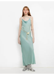 "Island Riddle" Glossy copper-ammonia silk satin light luxury swing collar slim fishtail suspender dress