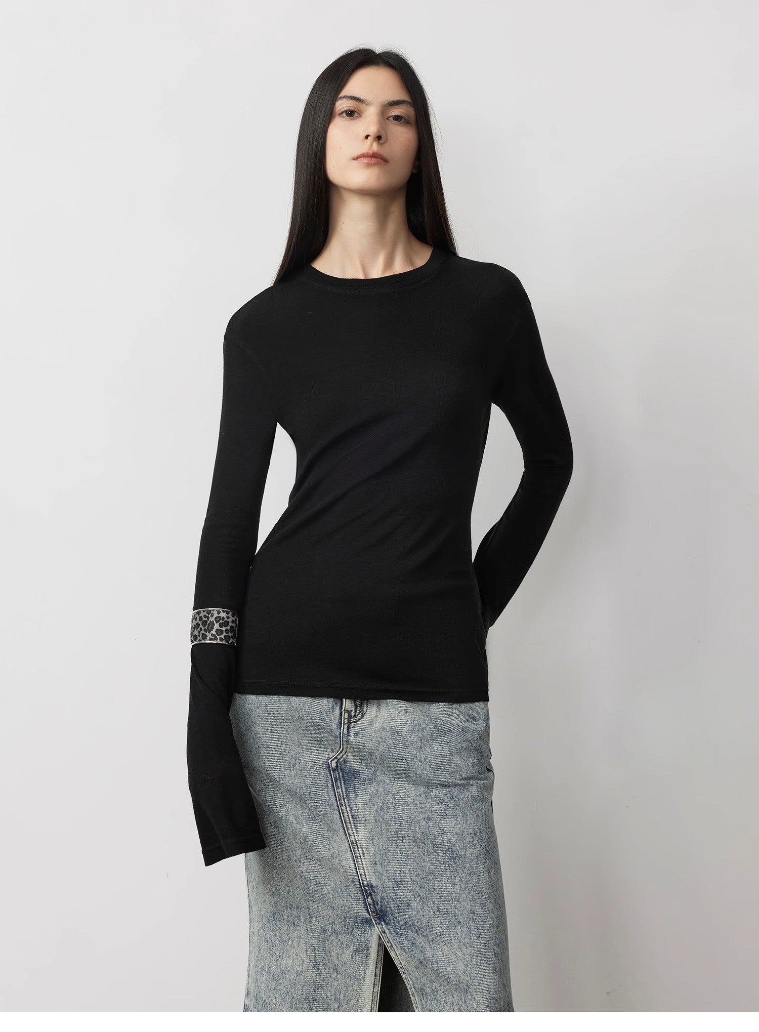 Lyocell wool stretch comfortable breathable fit minimalist solid color long-sleeved T-shirt
