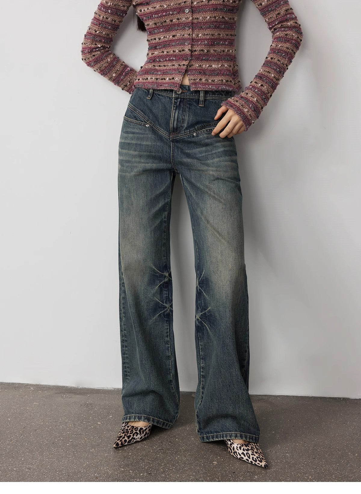 Vintage Heavy Wash Distressed Marble Pattern V-Shaped Segmented Slimming Textured Straight-Leg Denim Trousers