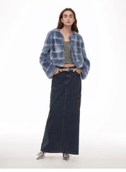 "Dream Chaser" round neck short horizontal spray stripe contrast color loose imported Rex rabbit fur coat