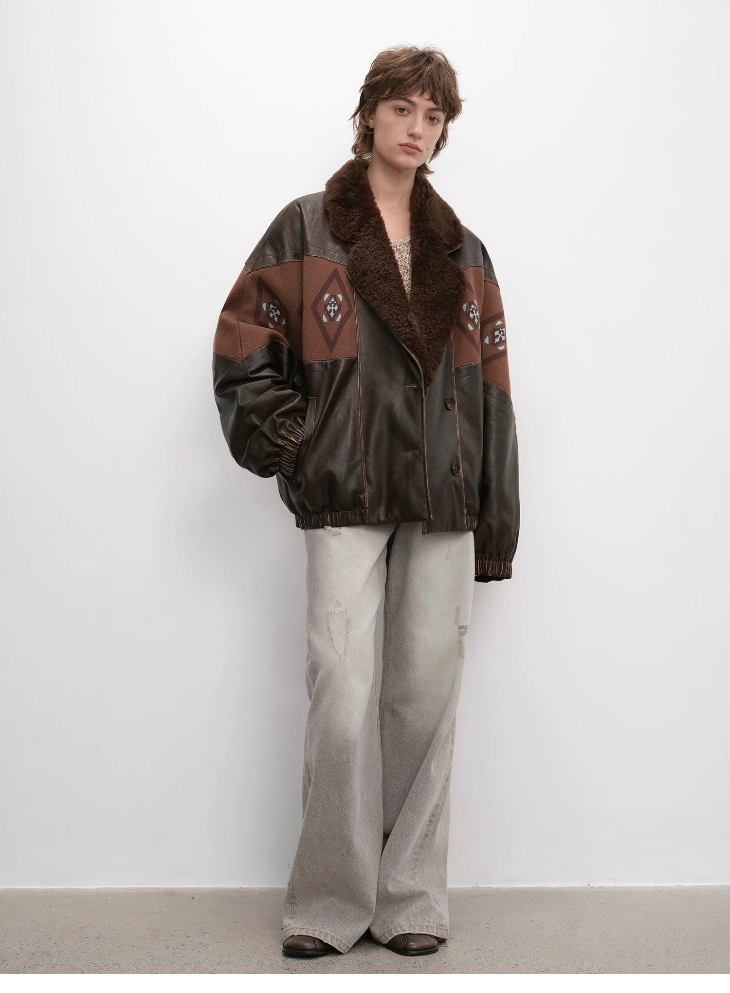 "Jumping City" Imported Suede Sheep Leather Sheep Curl Lapel White Goose Down Parka