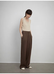 Women's white straight casual wide waist drape floor-length wide leg pants