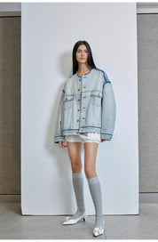 "Starry Sky Market" luxury brand classic washed cotton collarless raw edge denim jacket