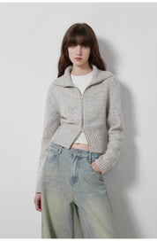 "Autumn Breeze Tea" colorful dotted wool-blend double-zip knitted cardigan short stand-up collar sweater