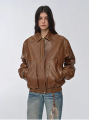 "Fashionable Luke" imported waxed sheepskin leather retro work jacket coat for women