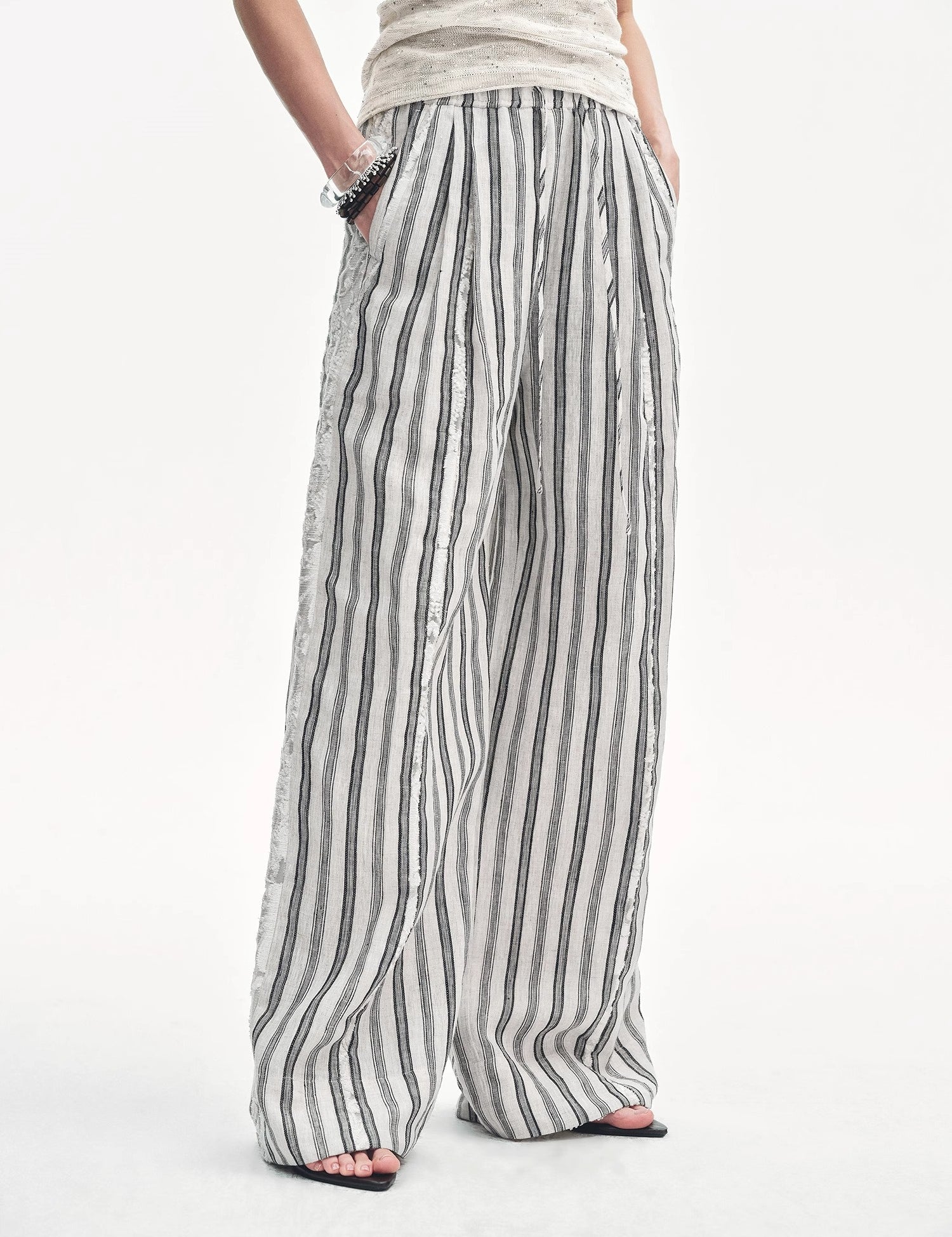 Linen Vertical Stripe Drape Wide Leg Casual Pants"Fashion Tension"