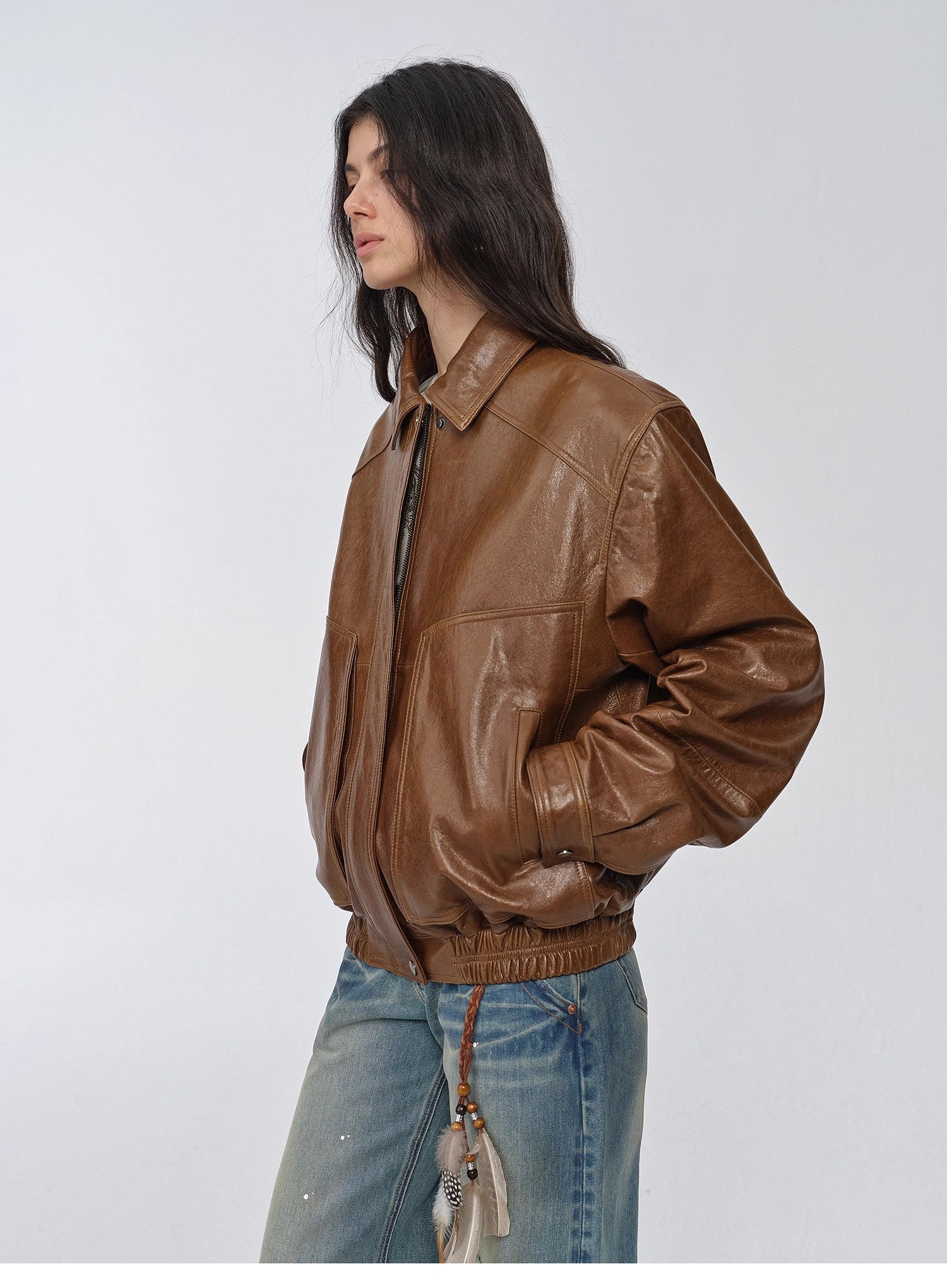 "Fashionable Luke" imported waxed sheepskin leather retro work jacket coat for women