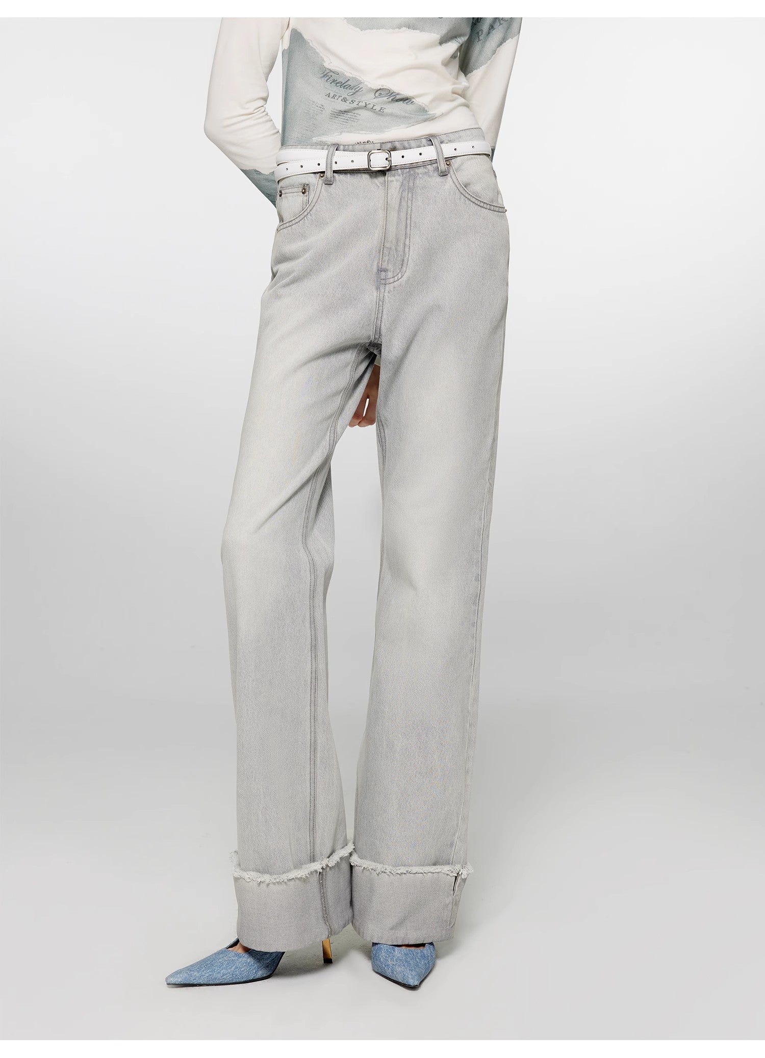 "Blues Time" Retro washed distressed straight flared cuffed jeans for women