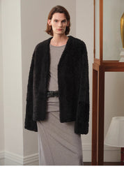 "Paris Night" luxury lightweight v-neck mid-length imported ragone sheepskin fur coat