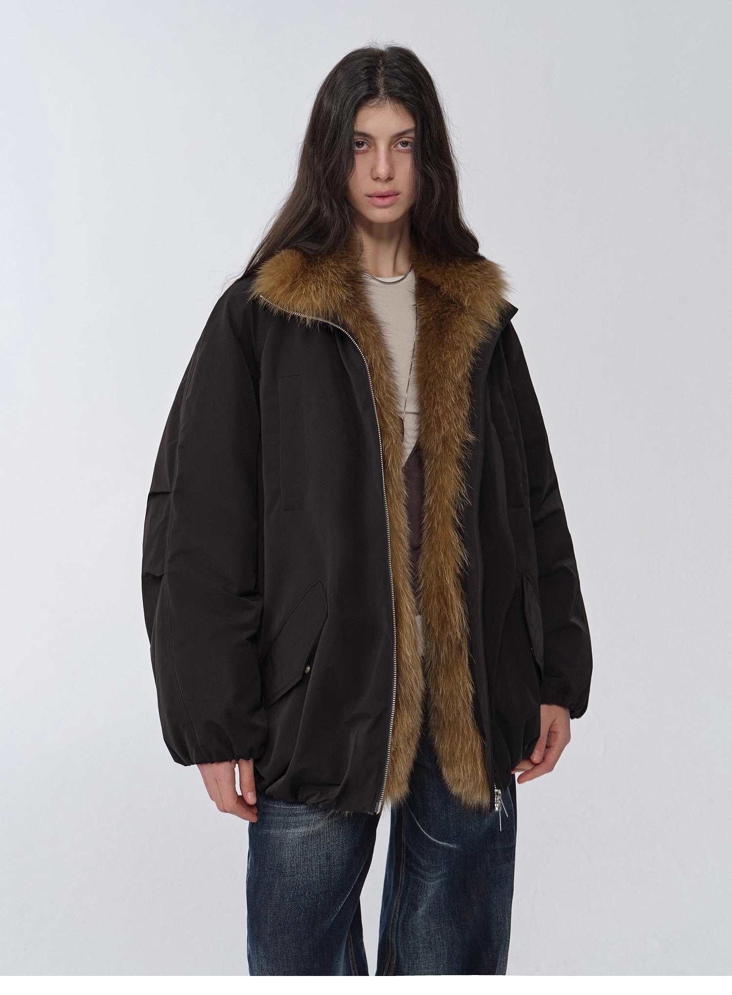 "Warm Dialogue" Two-tone fox fur collar detachable 90 goose down jacket mid-length down parka