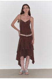 "Heart-beating Invitation" Lazy copper-ammonia rayon V-neck irregular adjustable mid-length suspender dress