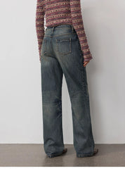 Vintage Heavy Wash Distressed Marble Pattern V-Shaped Segmented Slimming Textured Straight-Leg Denim Trousers