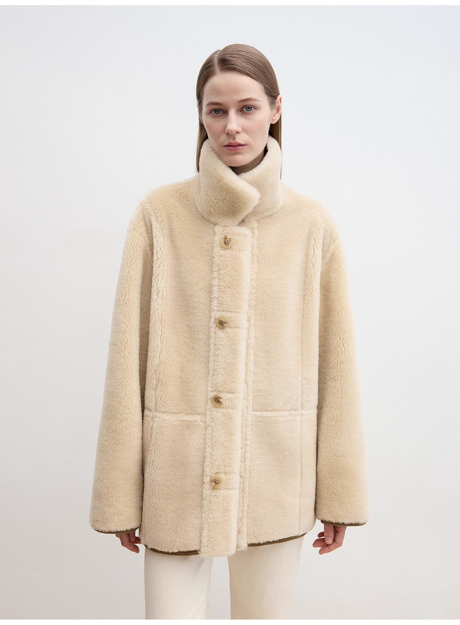 “Vintage Manor”High Quality Wool Contrast Lapel Reversible Artificial Compound Suede Shearling jacket