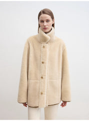“Vintage Manor”High Quality Wool Contrast Lapel Reversible Artificial Compound Suede Shearling jacket