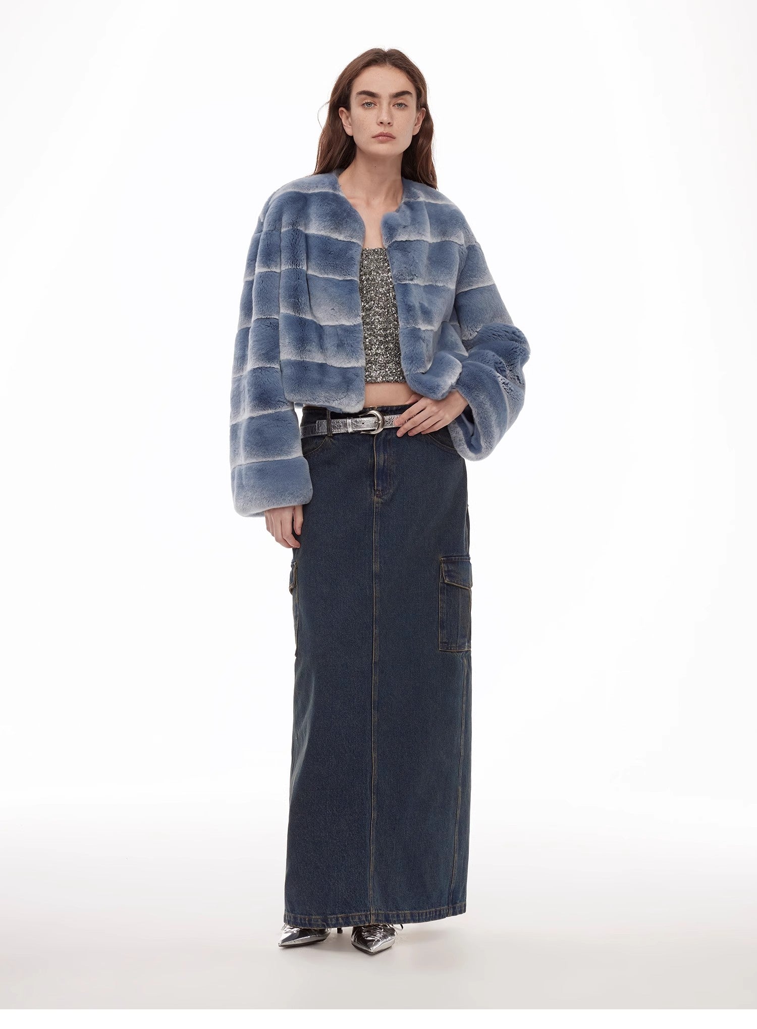 "Dream Chaser" round neck short horizontal spray stripe contrast color loose imported Rex rabbit fur coat
