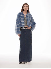 "Dream Chaser" round neck short horizontal spray stripe contrast color loose imported Rex rabbit fur coat