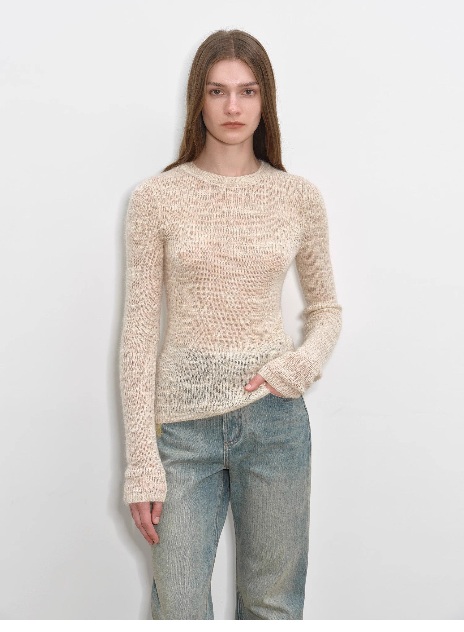 "Lazy Day Essential" Textured Mohair Blend Round Neck Stretch Knit Base Layer for Fall/Winter Women