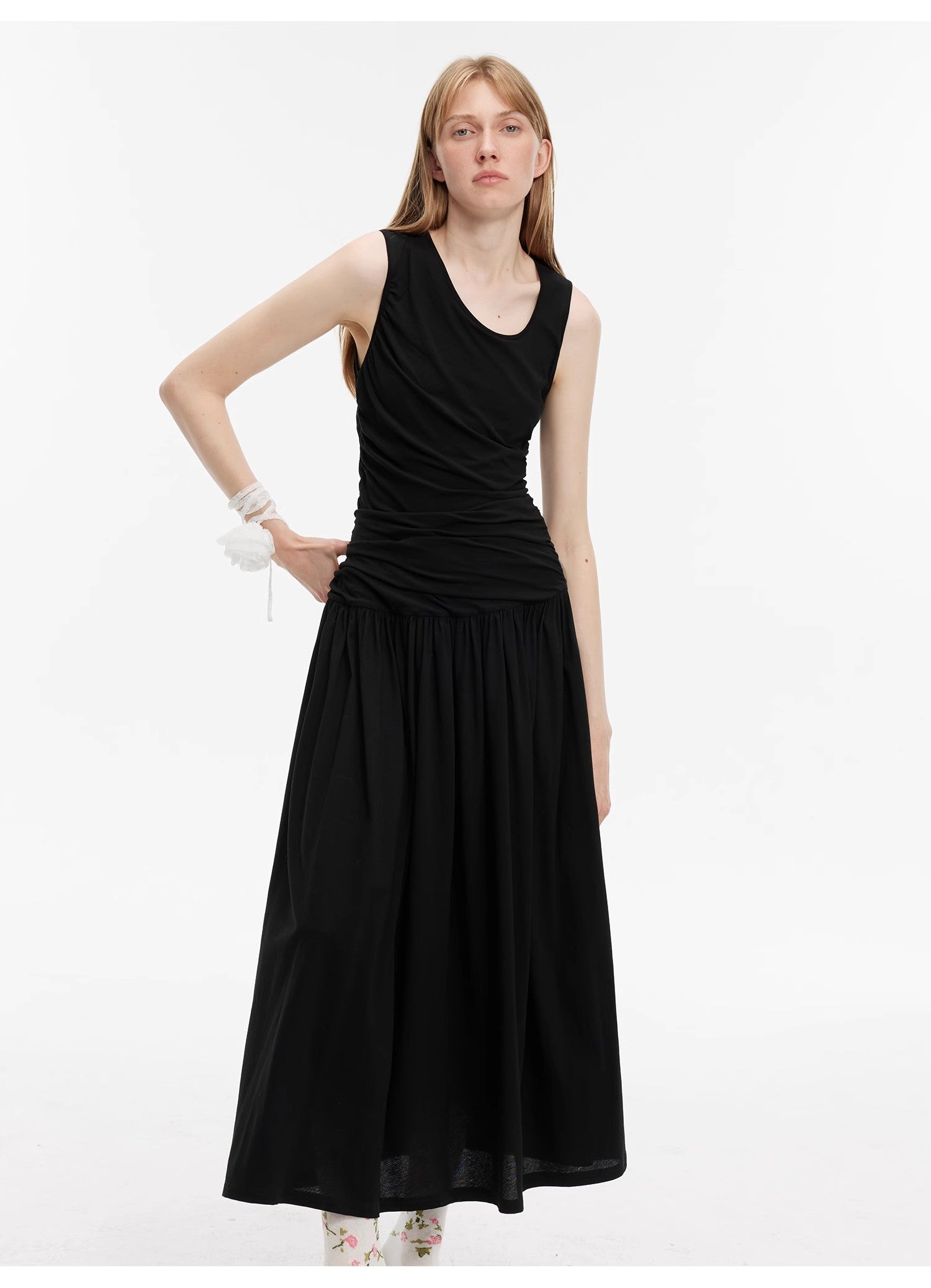 "Casual Commuting" light luxury mercerized cotton special-shaped collar waist irregular lazy long dress