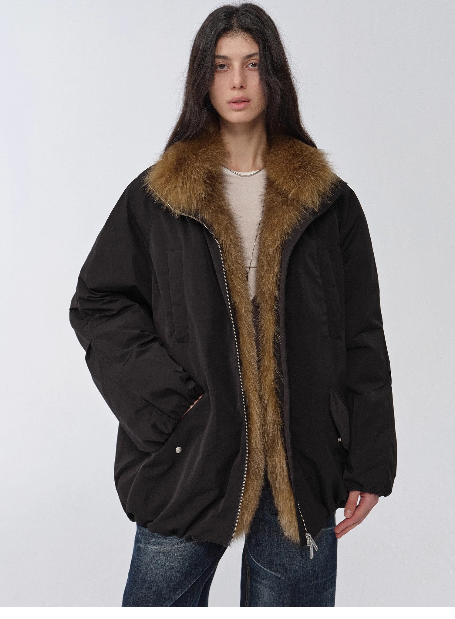 "Warm Dialogue" Two-tone fox fur collar detachable 90 goose down jacket mid-length down parka