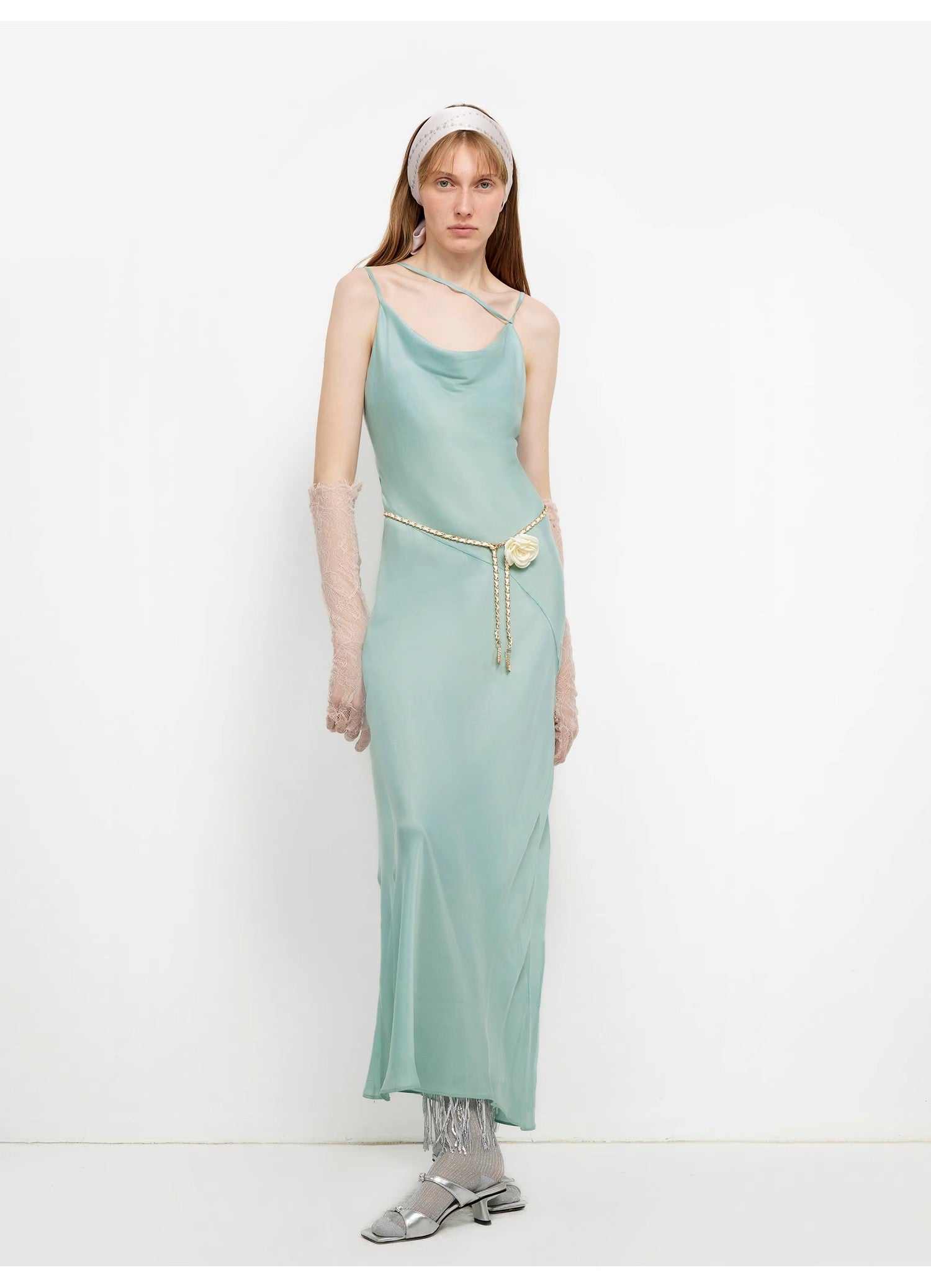 "Island Riddle" Glossy copper-ammonia silk satin light luxury swing collar slim fishtail suspender dress