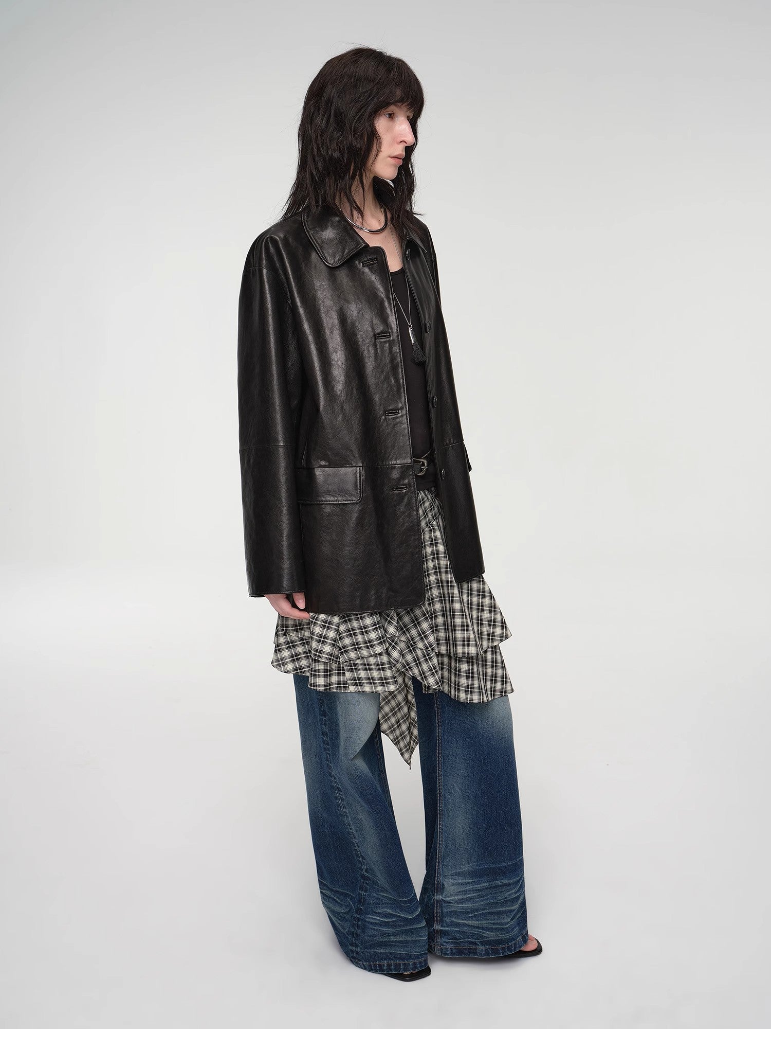Goatskin simple and versatile retro suit-style leather windbreaker jacket "Fashionable Kosi"