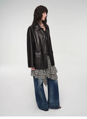 Goatskin simple and versatile retro suit-style leather windbreaker jacket "Fashionable Kosi"