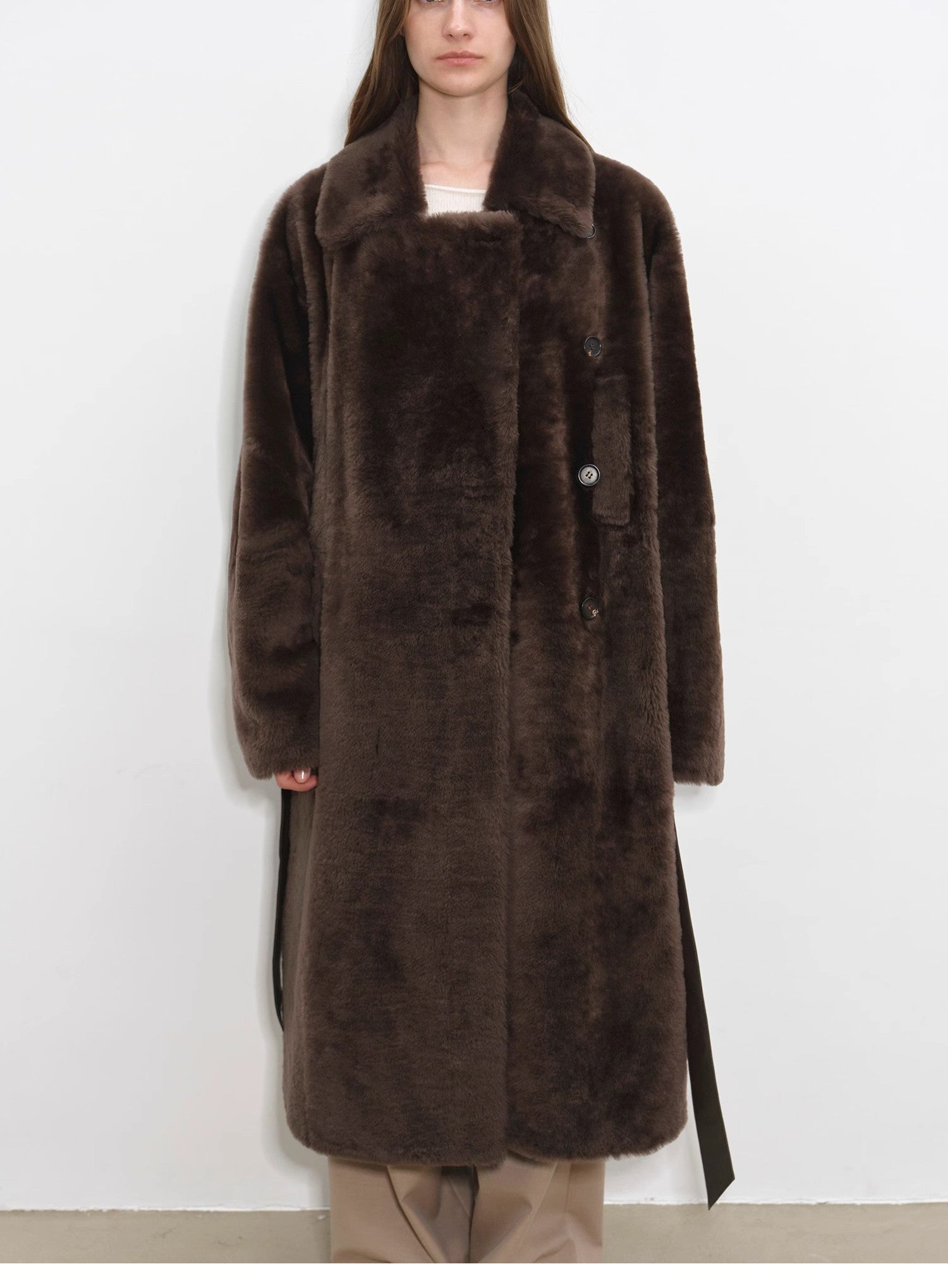 "Mocha Phantom" Merino wool dropped shoulder long asymmetric placket sheepskin coat