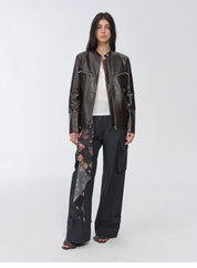 New Zealand imported waxed sheepskin/cowhide vintage motorcycle leather jacket "Manhattan Dark Night"