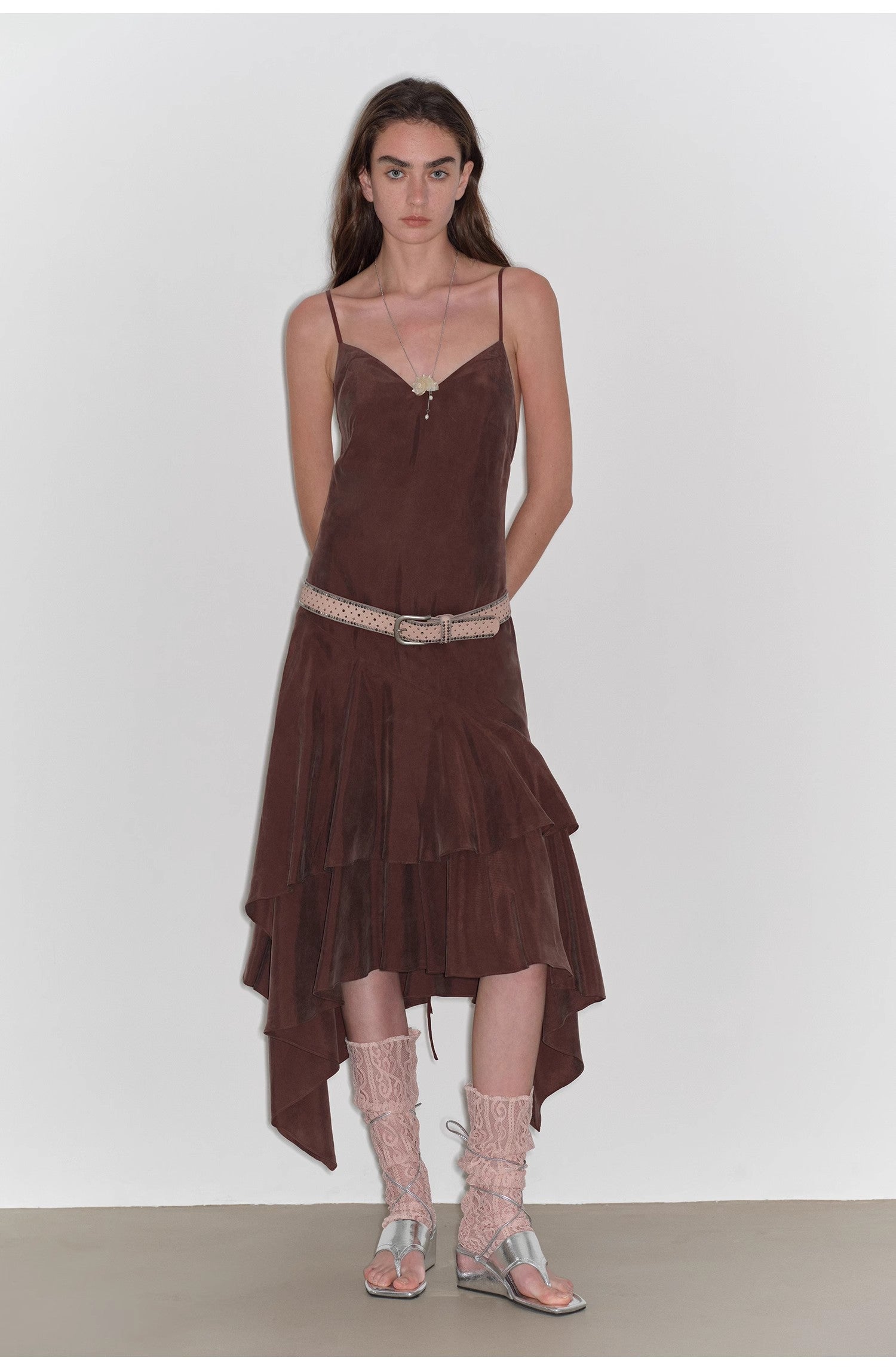 "Heart-beating Invitation" Lazy copper-ammonia rayon V-neck irregular adjustable mid-length suspender dress