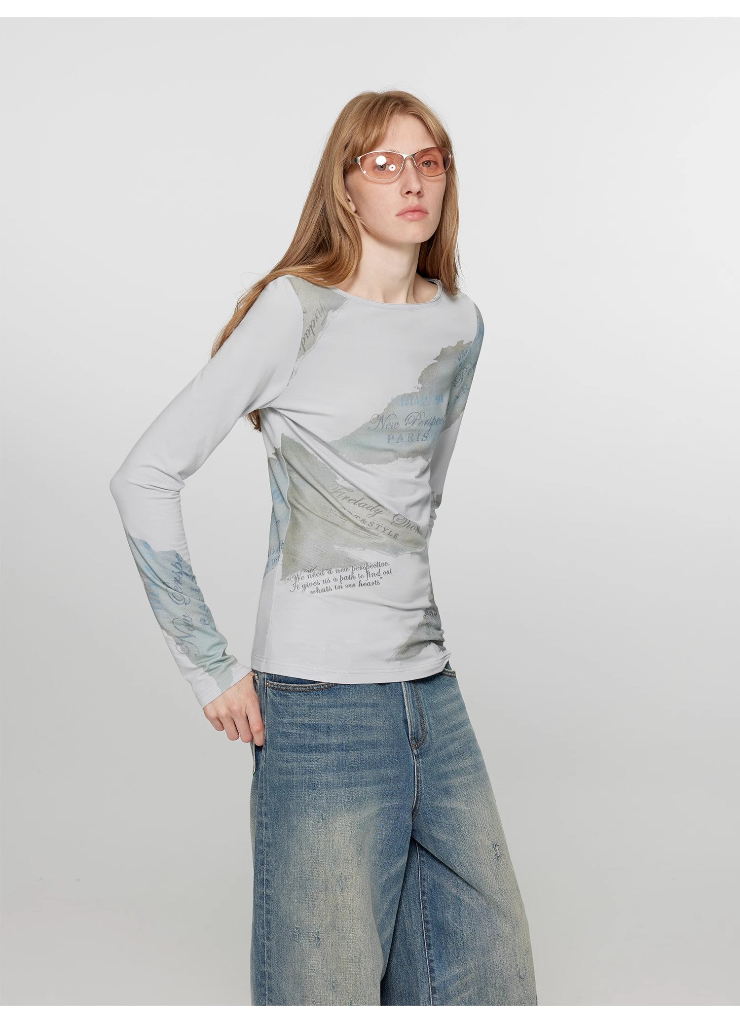 "Letter from Morning and Evening" Silk Cotton Blended/Original Printed One-line Collar Long Sleeve T-Shirt Women's Fitted Top Spring