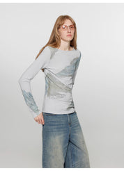 "Letter from Morning and Evening" Silk Cotton Blended/Original Printed One-line Collar Long Sleeve T-Shirt Women's Fitted Top Spring