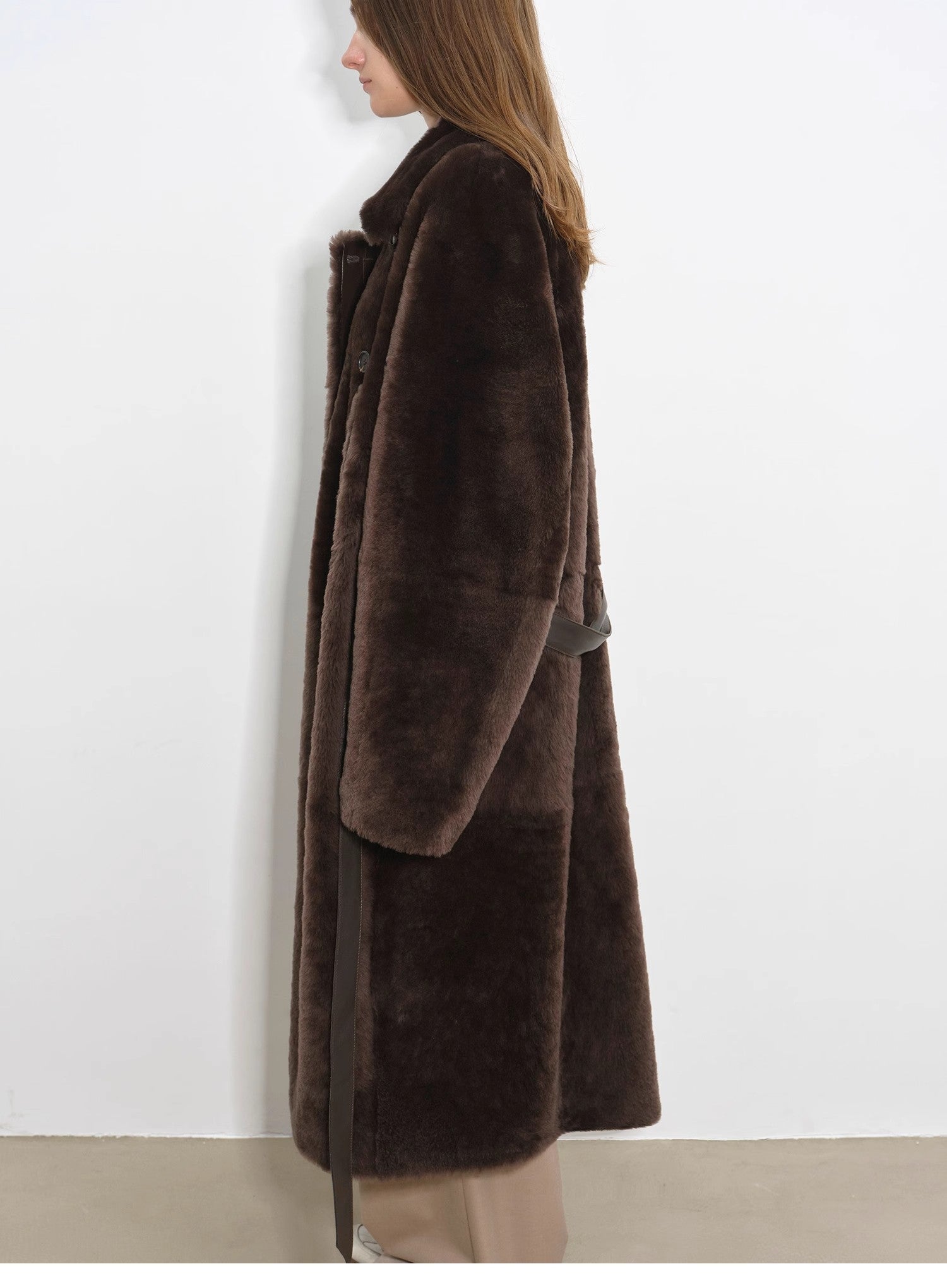 "Mocha Phantom" Merino wool dropped shoulder long asymmetric placket sheepskin coat