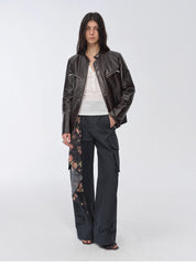 New Zealand imported waxed sheepskin/cowhide vintage motorcycle leather jacket "Manhattan Dark Night"