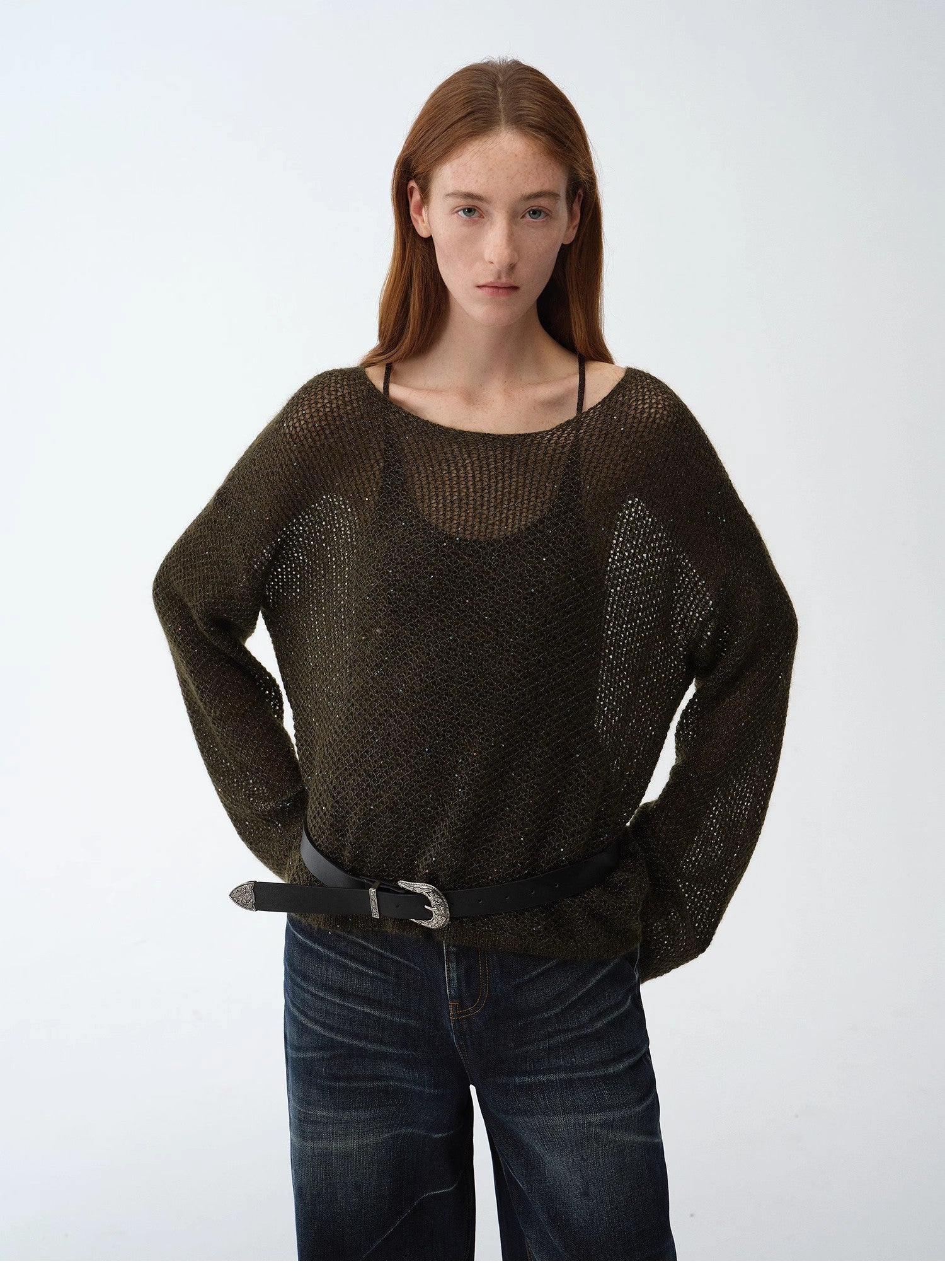 "Sparkling Spring" Mohair Blended Fancy Yarn Boat Neck Sequin Hollow Sweater Top