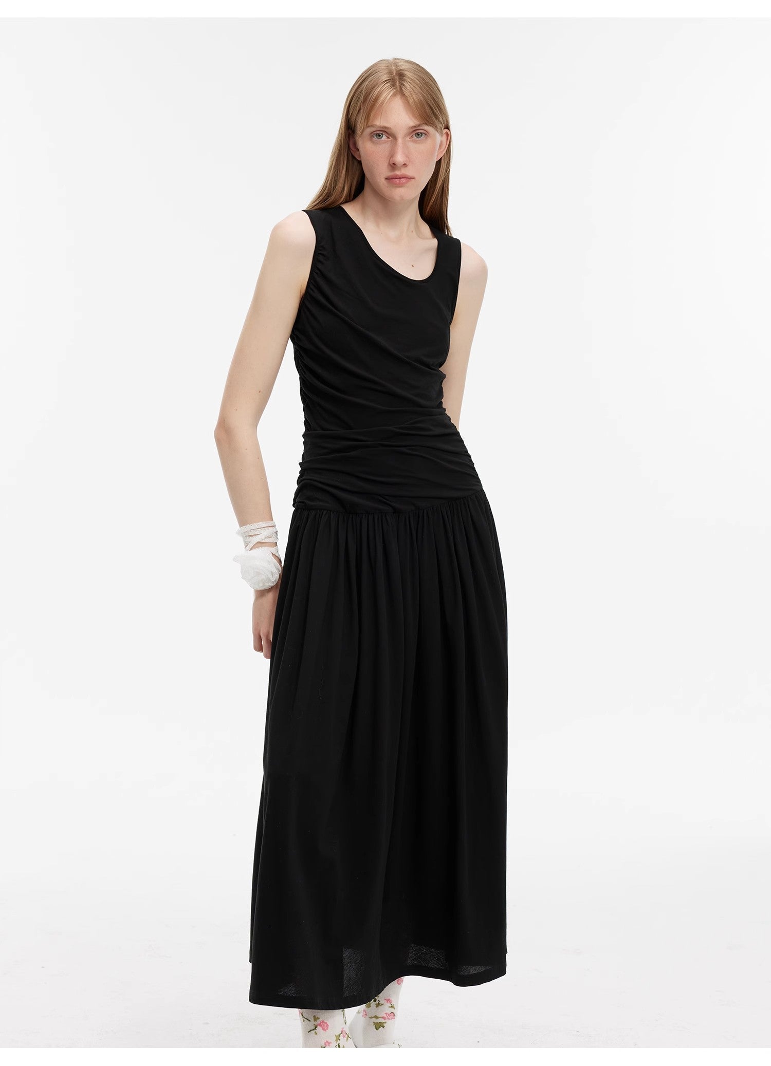 "Casual Commuting" light luxury mercerized cotton special-shaped collar waist irregular lazy long dress