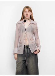 "Hazy Moonlight" Silk Chiffon Light and Hazy Feeling Cool Drape Lace-up Sun Protection Shirt Summer