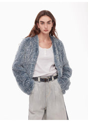 "Masked Denim" fashionable lazy hand-dyed V-neck H-shaped short woven Rex rabbit fur coat