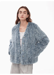 "Masked Denim" fashionable lazy hand-dyed V-neck H-shaped short woven Rex rabbit fur coat