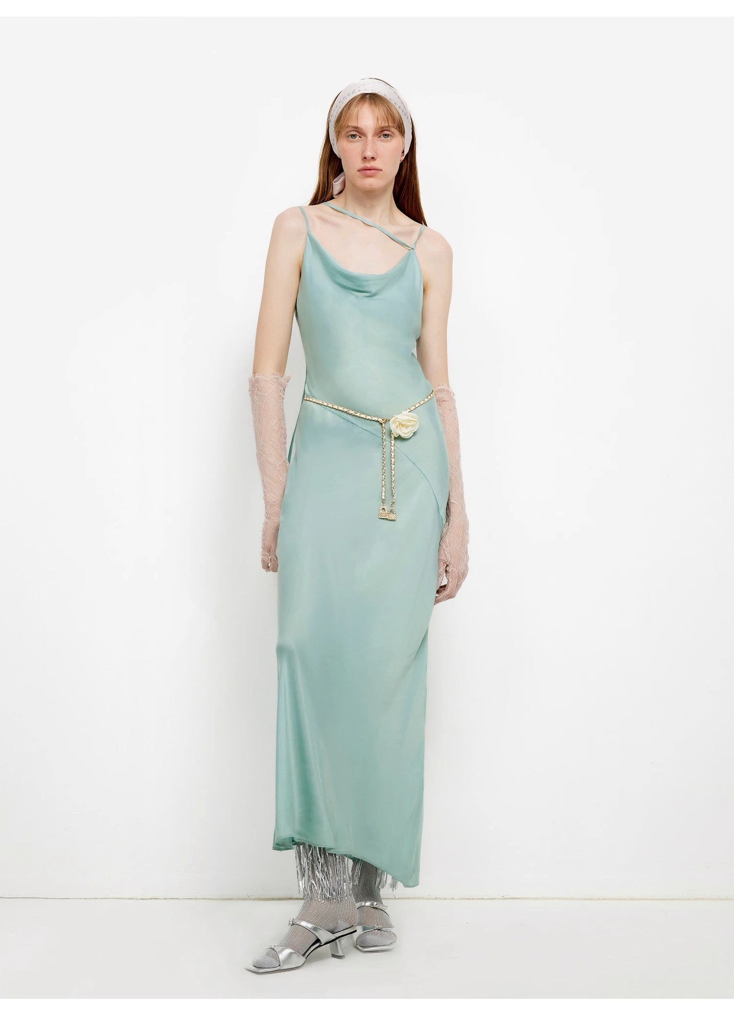 "Island Riddle" Glossy copper-ammonia silk satin light luxury swing collar slim fishtail suspender dress