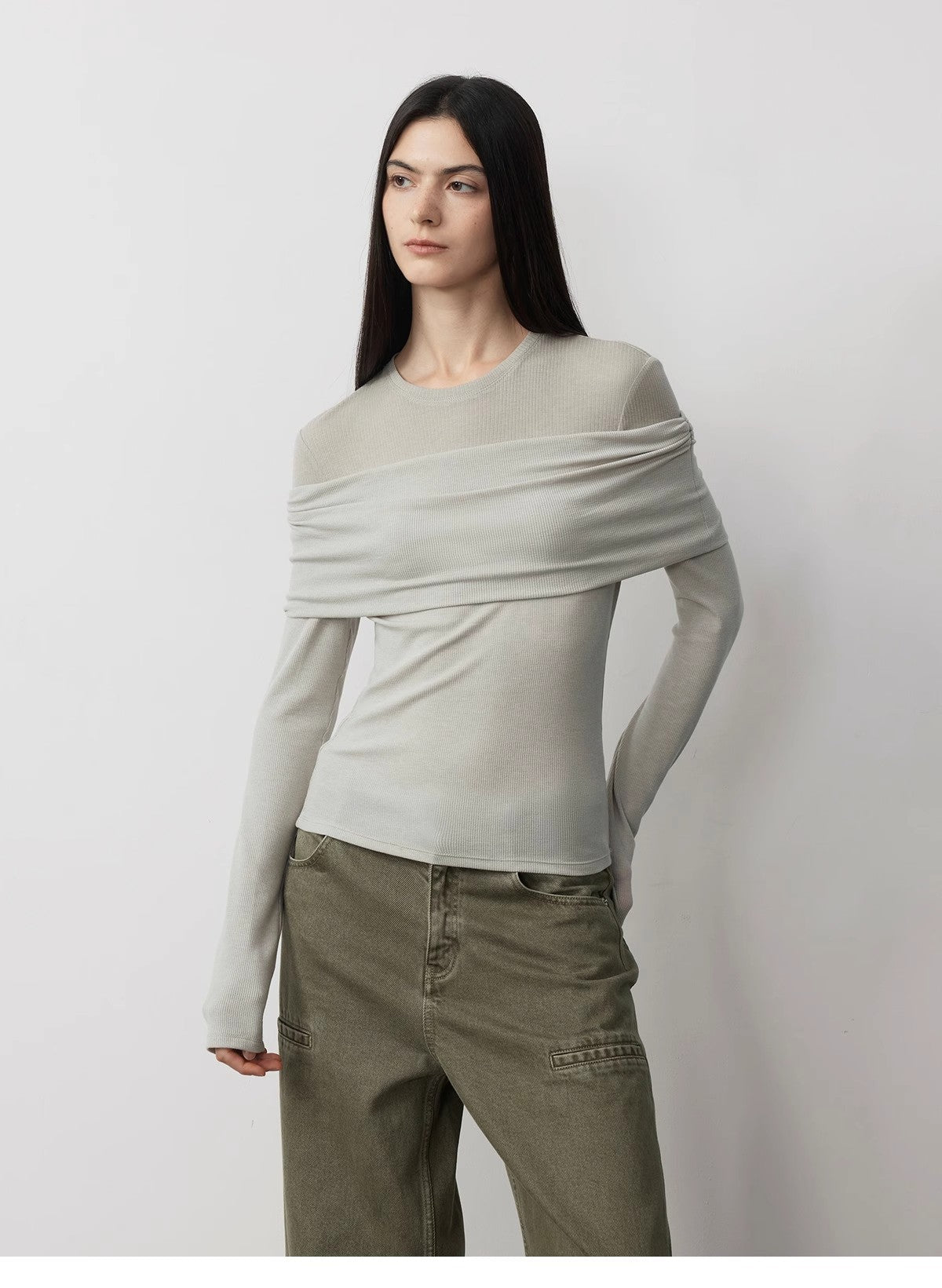 "Modern Tricks" personalized layered Tencel wool fake two-piece splicing one-shoulder versatile knitted top