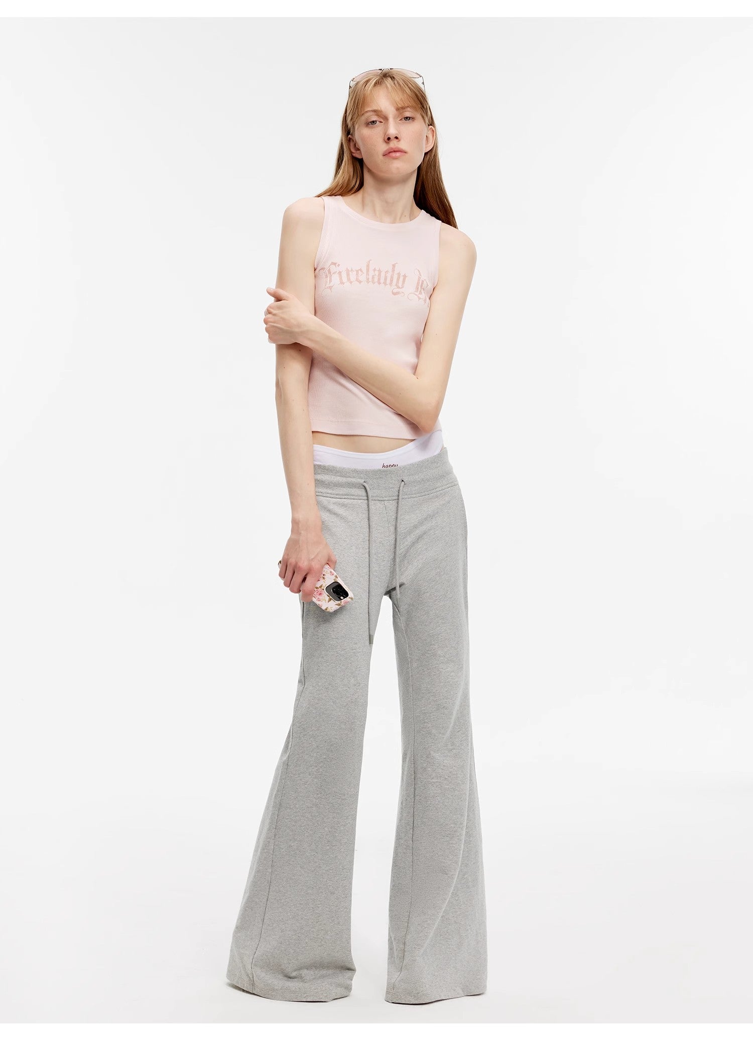 "American High Street" air-spun OE cotton fashionable low-rise fit wide waist drawstring flared pants