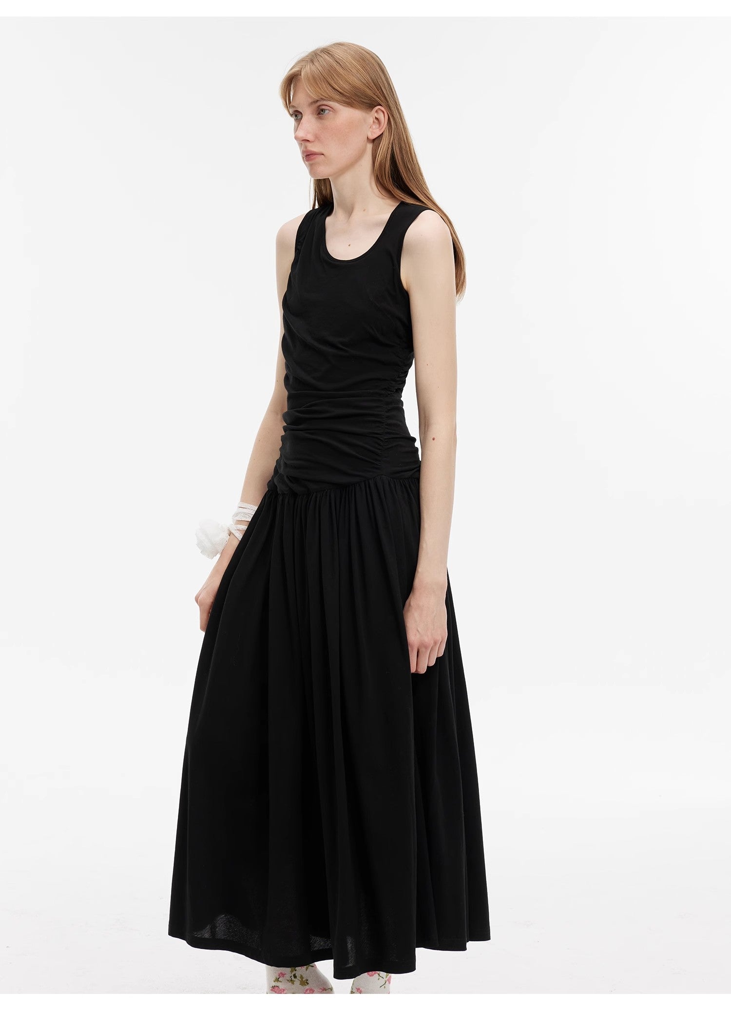 "Casual Commuting" light luxury mercerized cotton special-shaped collar waist irregular lazy long dress