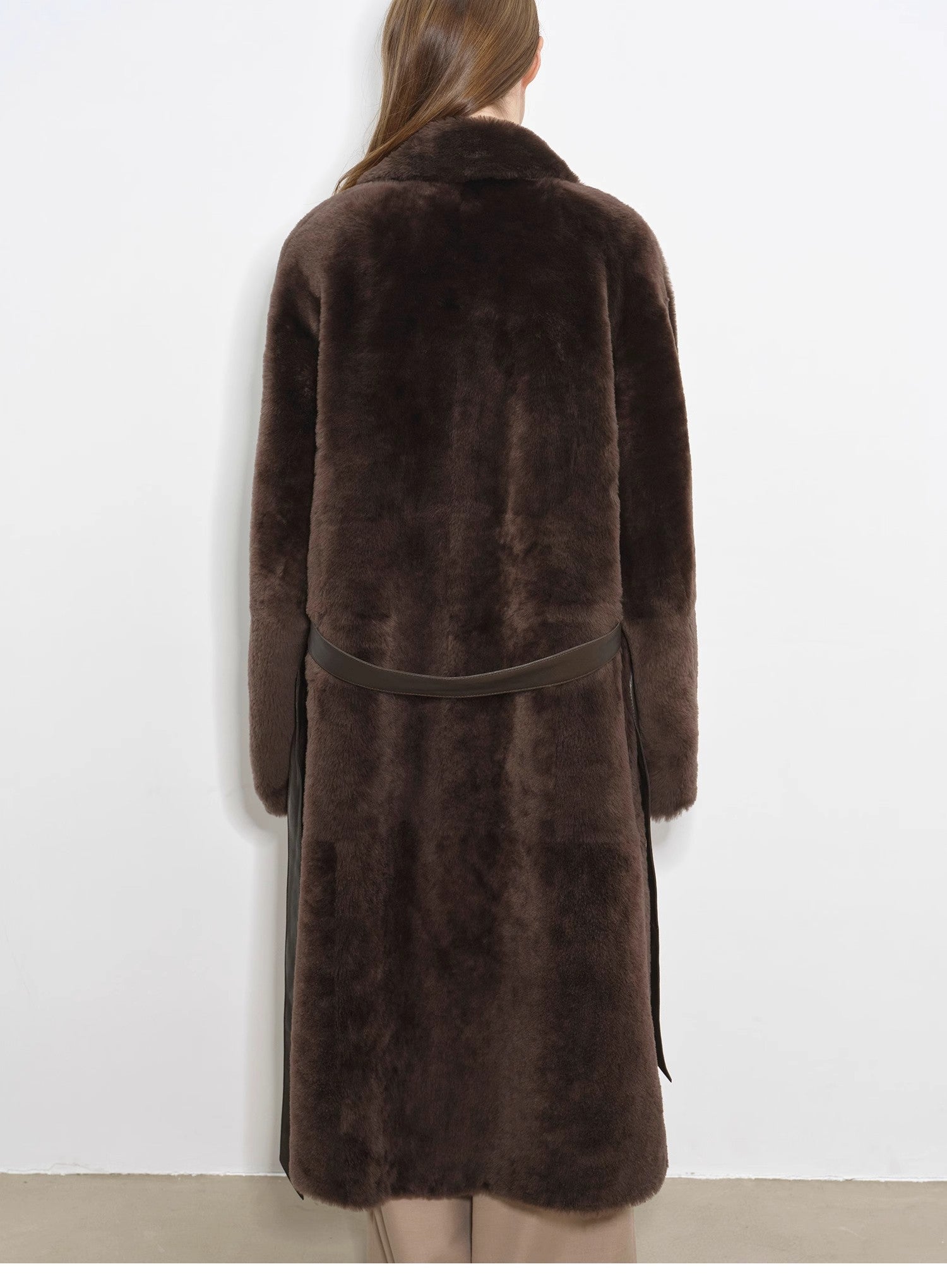 "Mocha Phantom" Merino wool dropped shoulder long asymmetric placket sheepskin coat