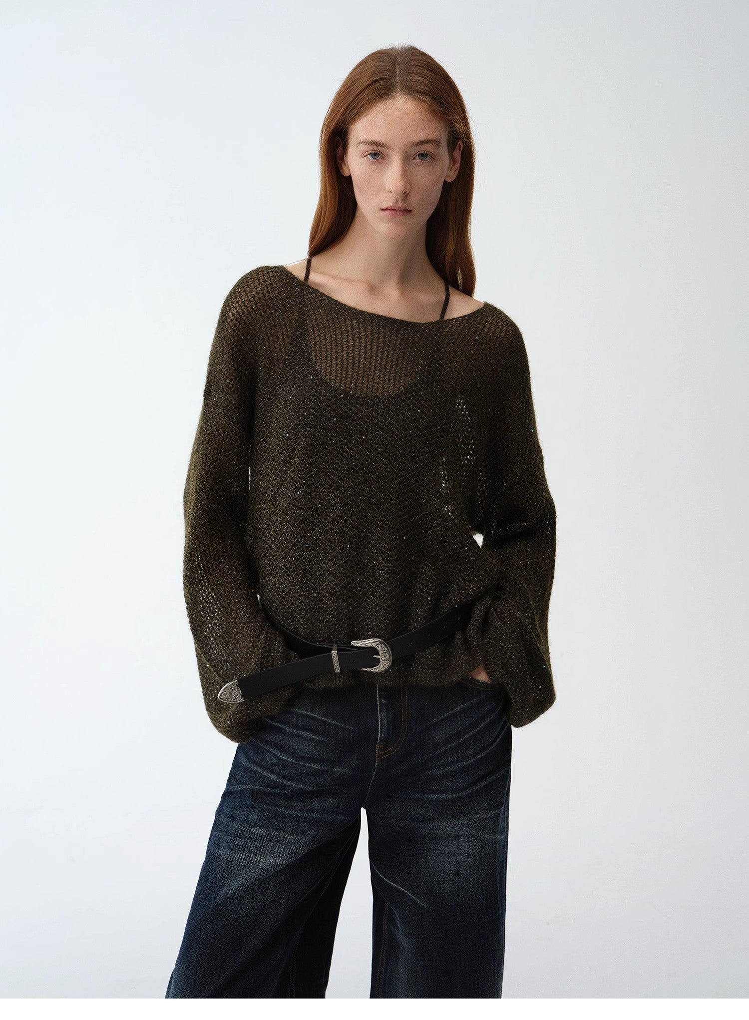 "Sparkling Spring" Mohair Blended Fancy Yarn Boat Neck Sequin Hollow Sweater Top