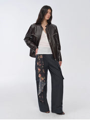 New Zealand imported waxed sheepskin/cowhide vintage motorcycle leather jacket "Manhattan Dark Night"