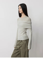 "Modern Tricks" personalized layered Tencel wool fake two-piece splicing one-shoulder versatile knitted top