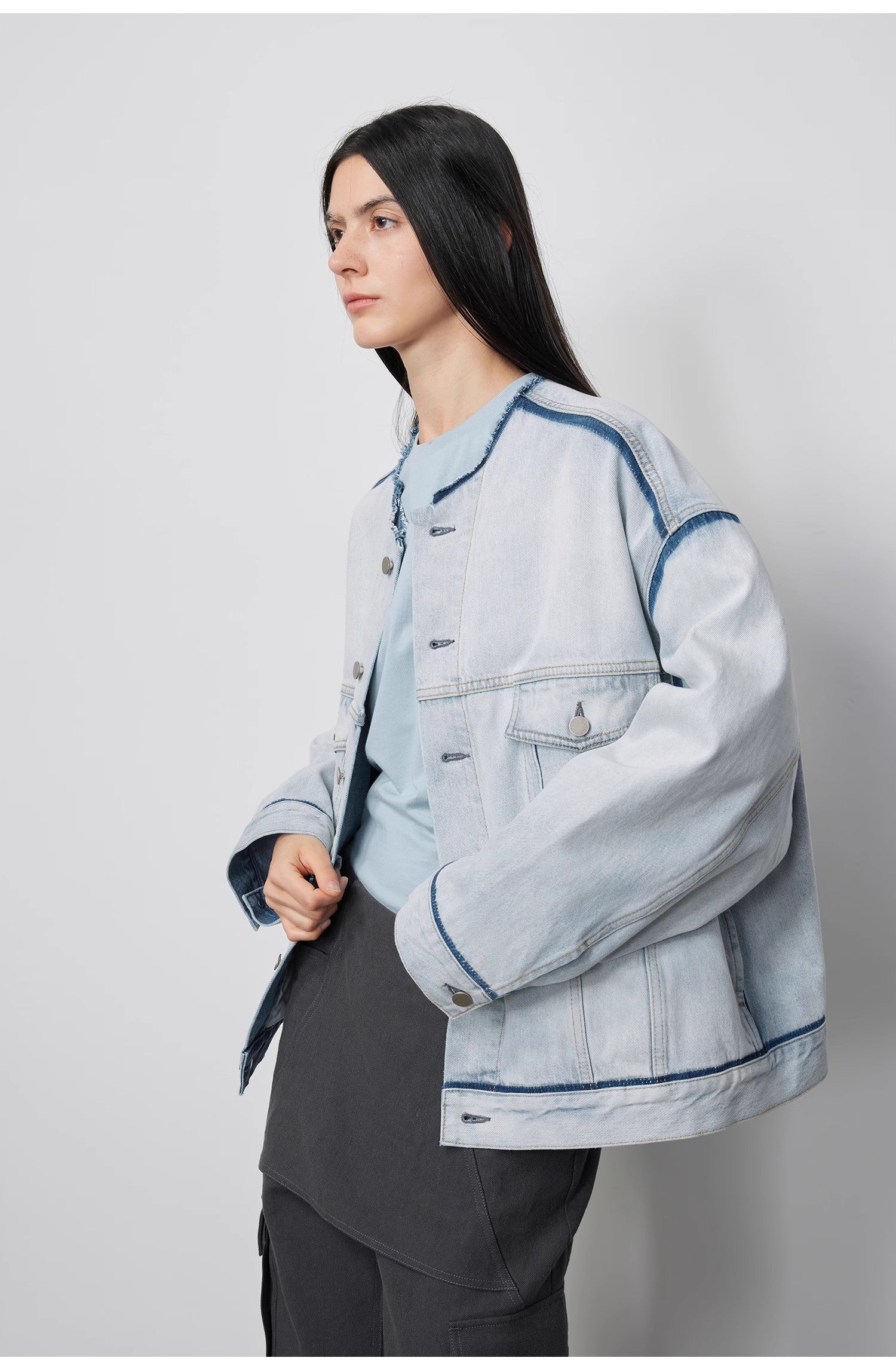 "Starry Sky Market" luxury brand classic washed cotton collarless raw edge denim jacket